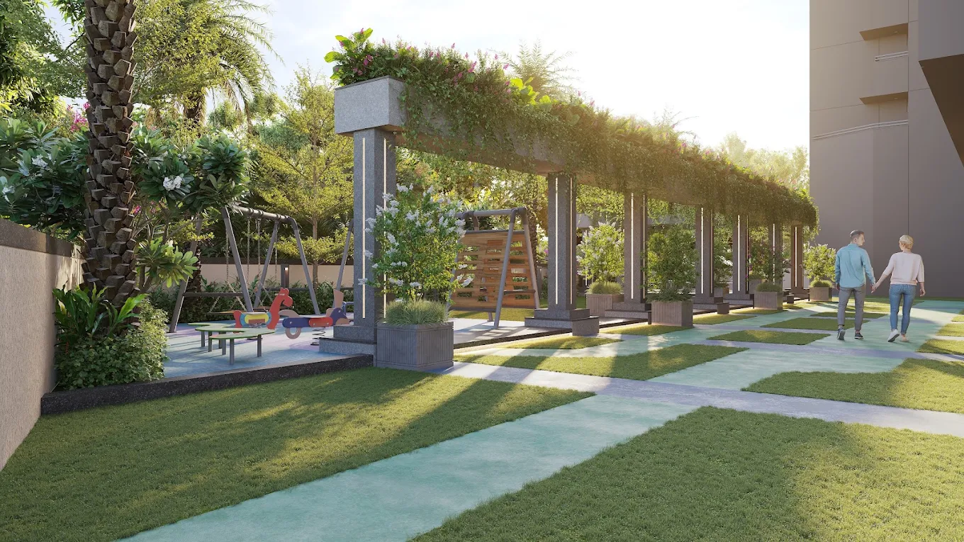Children's play area and family walkway in the landscaped garden at Blue Ocean