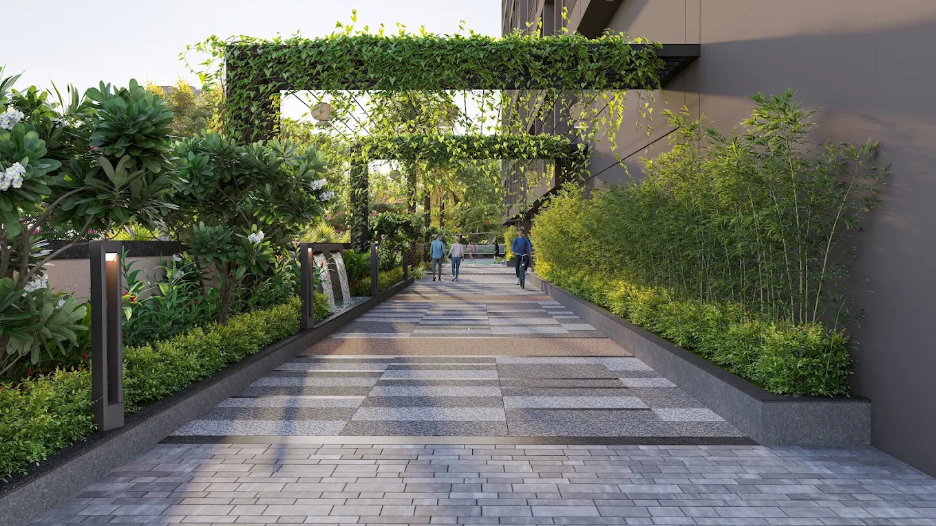Green landscaped walkway with pergola at Blue Ocean